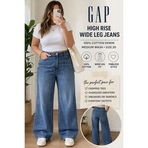 GAP NWT High Rise Wide Leg Jeans Medium Wash 100% Cotton Denim Size 20/35R Plus
